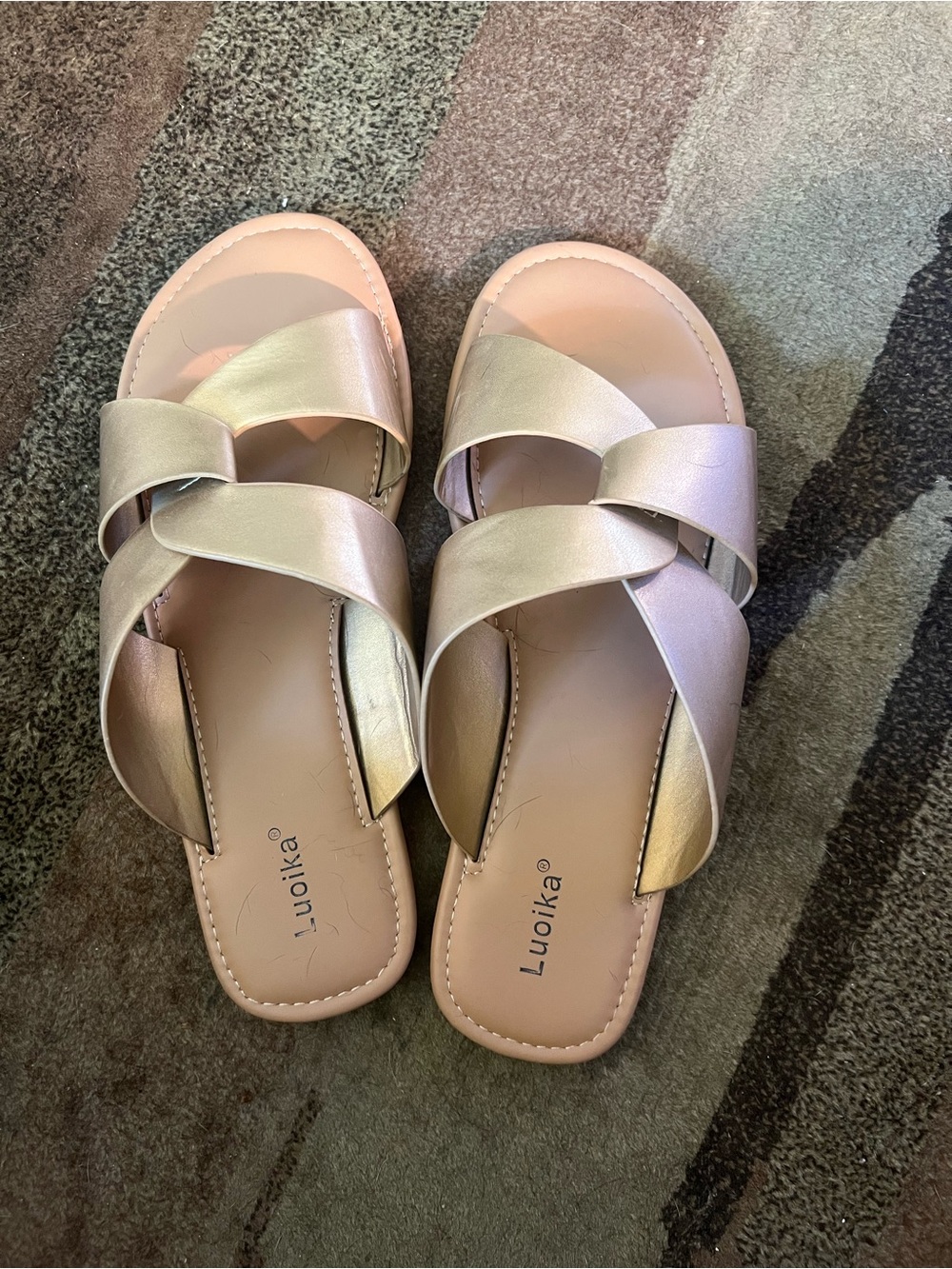 Luoika Iridescent Gold Crisscross Slide Sandals for Women